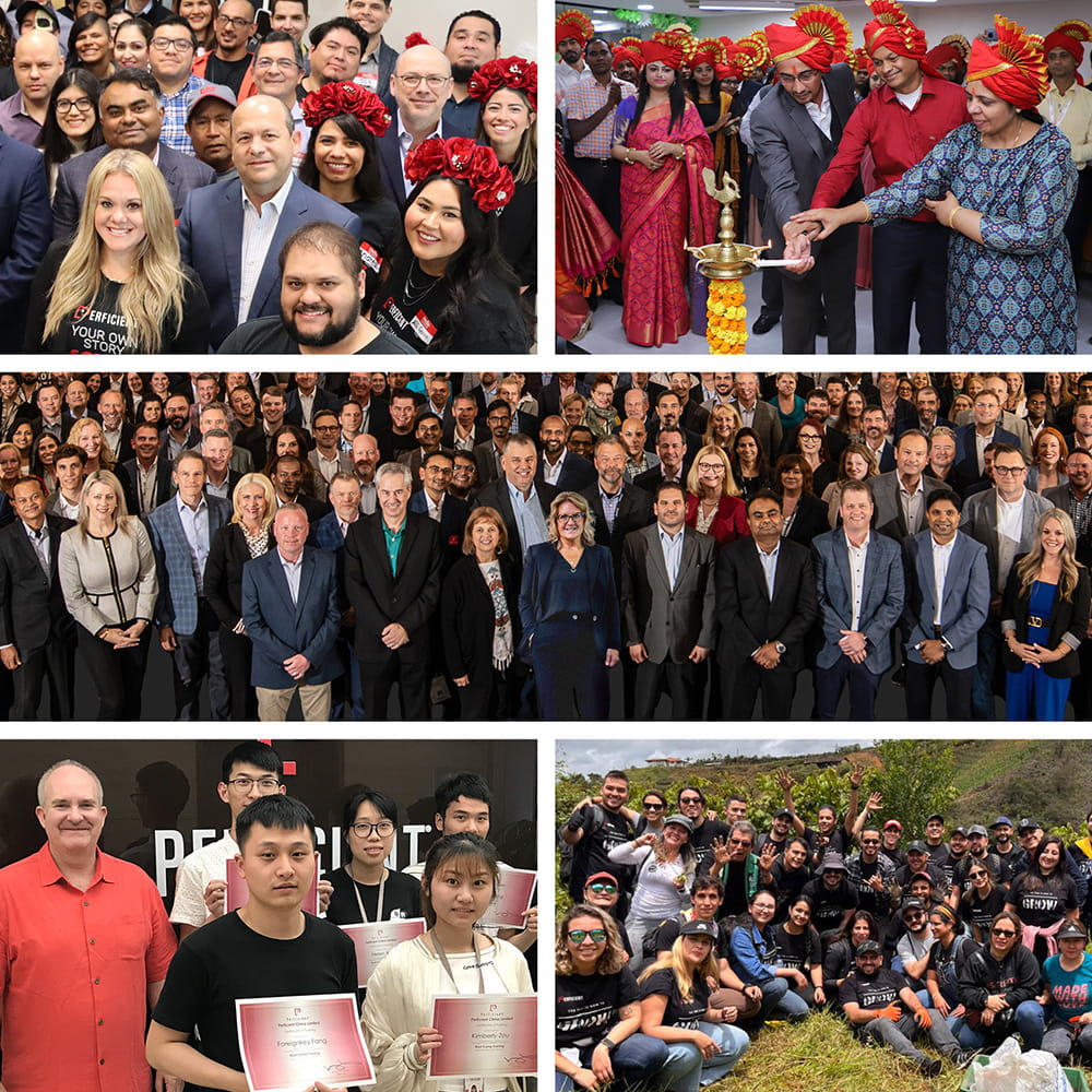 Collage of group photos of Perficient colleagues and leadership.