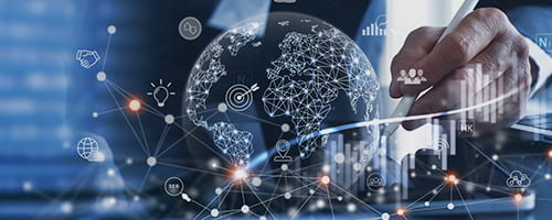 Global data and symbols floating above a tablet.