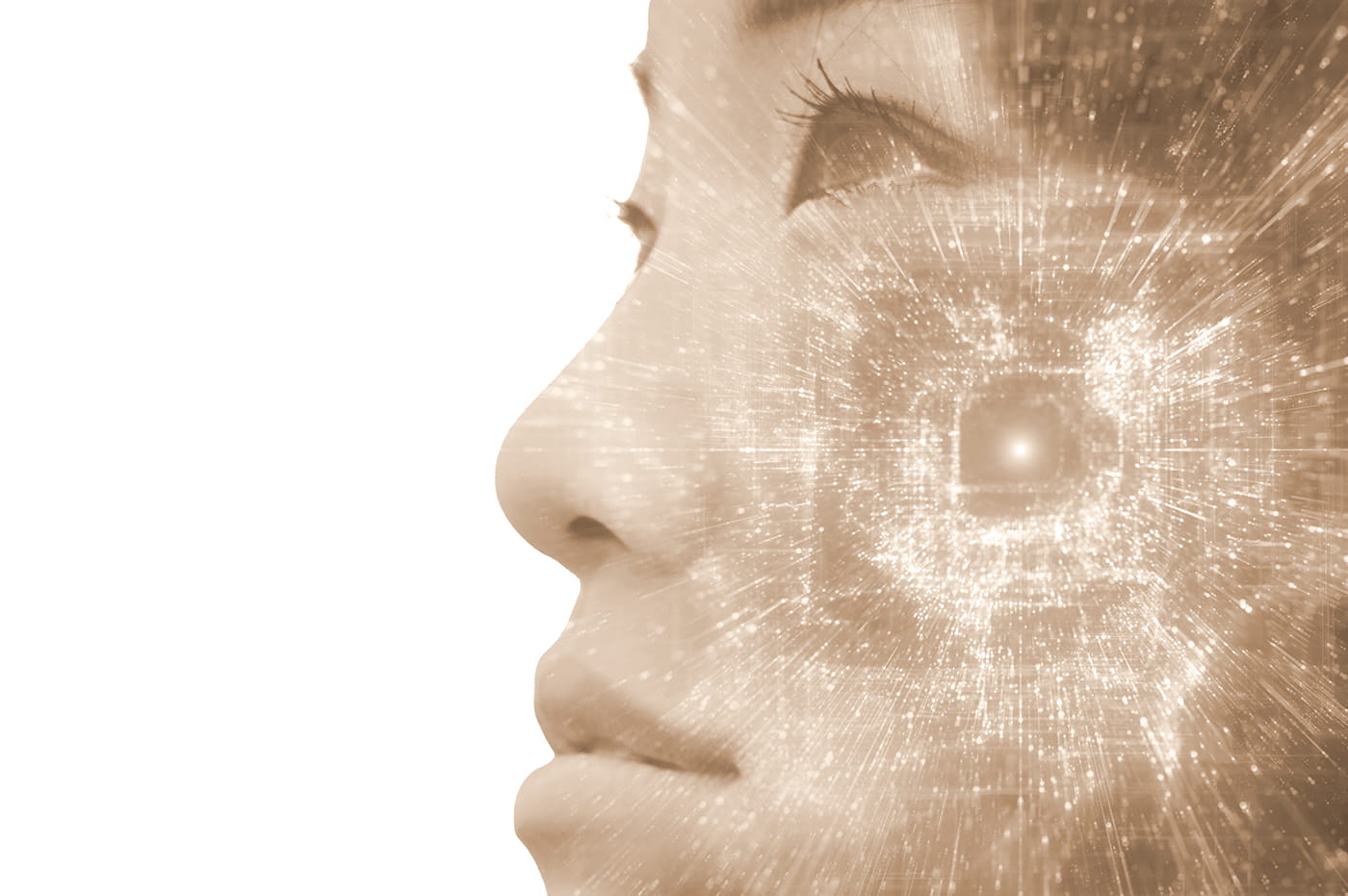 Close image of a woman's face with abstracted data warehouse on her face.