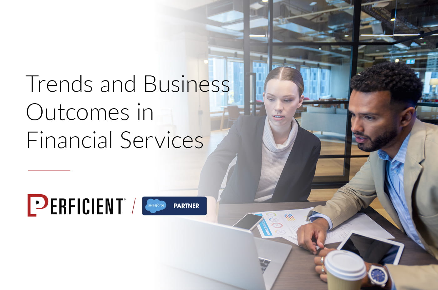 Two people looking at a laptop and working with data. Trends and Business Outcomes in Financial Services, Salesforce guide. 