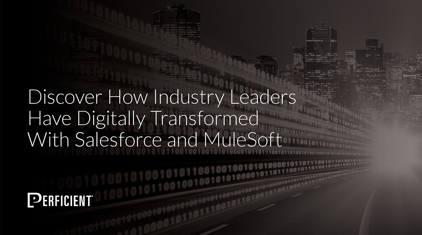Discover How Industry Leaders Have Digitally Transformed With Salesforce and MuleSoft; gradient background with lines of binary code.