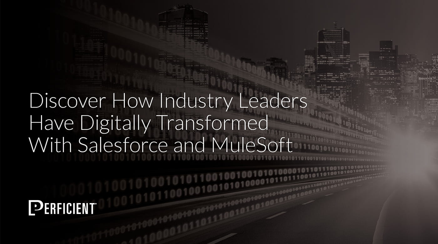 Discover How Industry Leaders Have Digitally Transformed With Salesforce and MuleSoft; gradient background with lines of binary code.