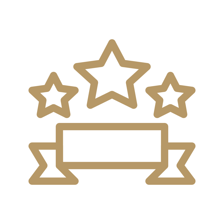 Three stars above a banner, gold icon