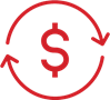 Red dollar sign inside a circle made of arrows icon.