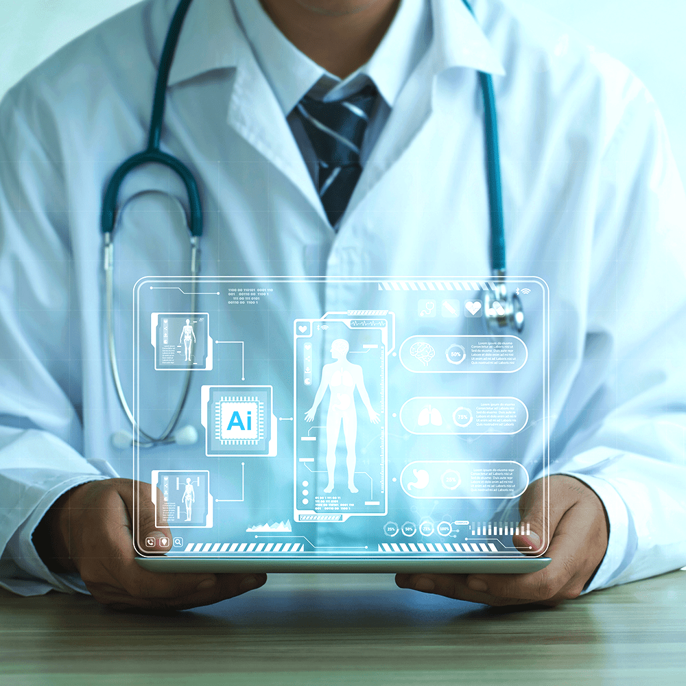 A man in a lab coat looking at a hologram on a tablet.