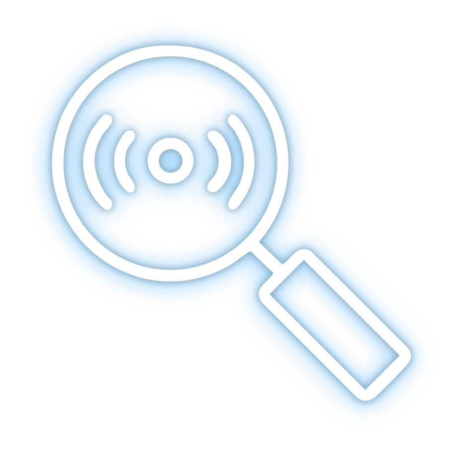 Icon of a magnifying glass with a signal symbol.