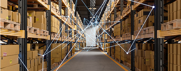 A warehouse filled with boxes connected by data points
