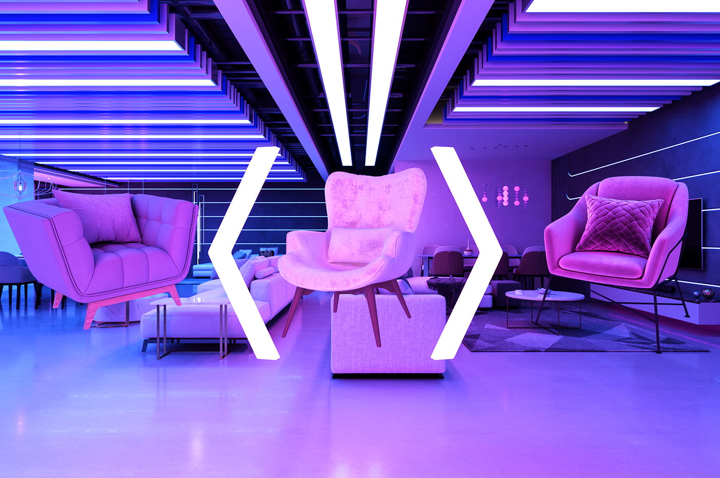 AI type rendering over floating furniture being digitally selected