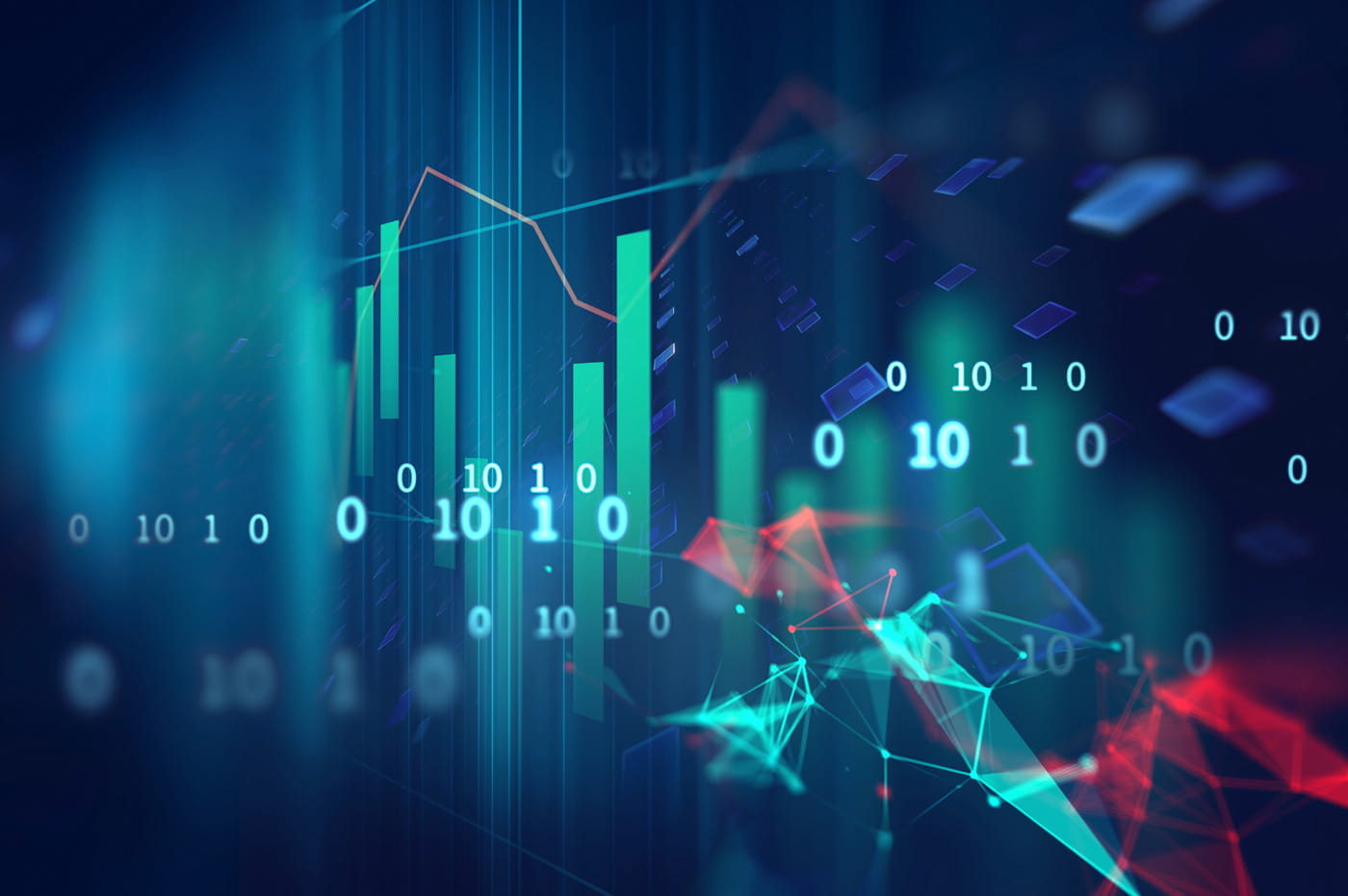 Abstract image of data points and graphs merged and overlaying one another.