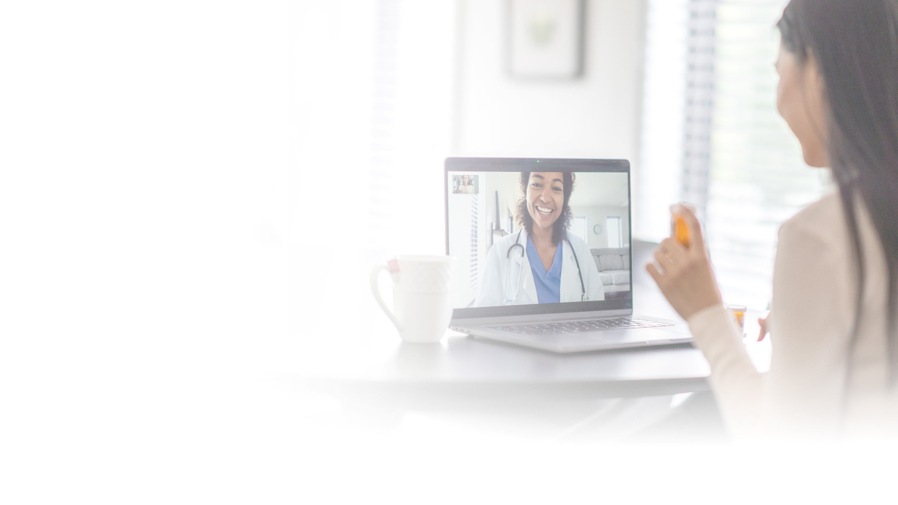 Woman on telehealth doctor appointment, gradient overlay.