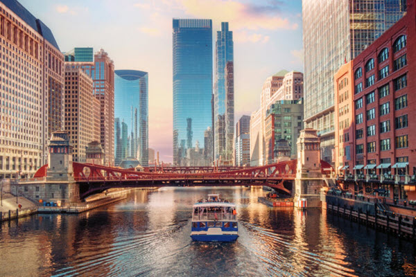 The Chicago skyline and riverfront.