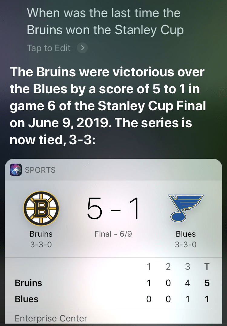 Siri gave an incorrect answer for When was the last time the Bruins won the Stanley Cup