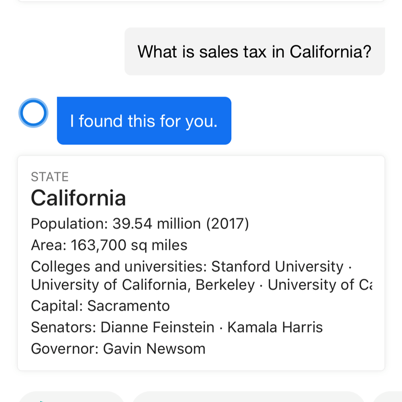 Cortana returns incorrect answer for what is sales tax in California