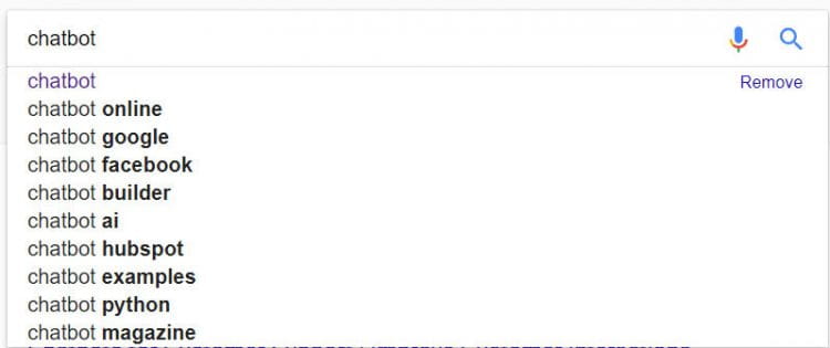 screenshot shows Google Autocomplete for the query "chatbot"