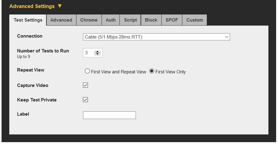 Webpagetest.org Advanced Setting