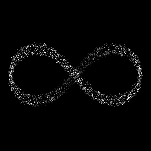 An infinity symbol made out of particles, tile card.