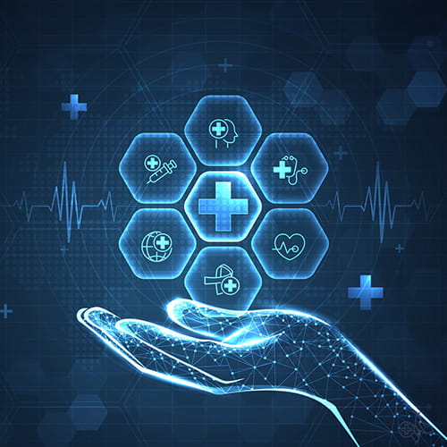 A virtual hand holding virtual healthcare icons