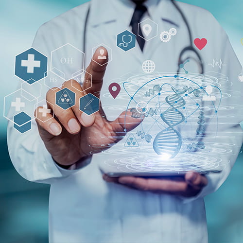 Doctor with medical symbols floating in the air above a tablet device. 