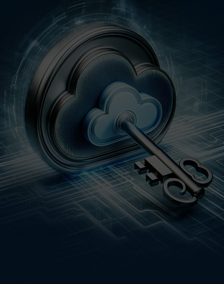 A key fitting into a cloud-shaped lock, mobile hero.