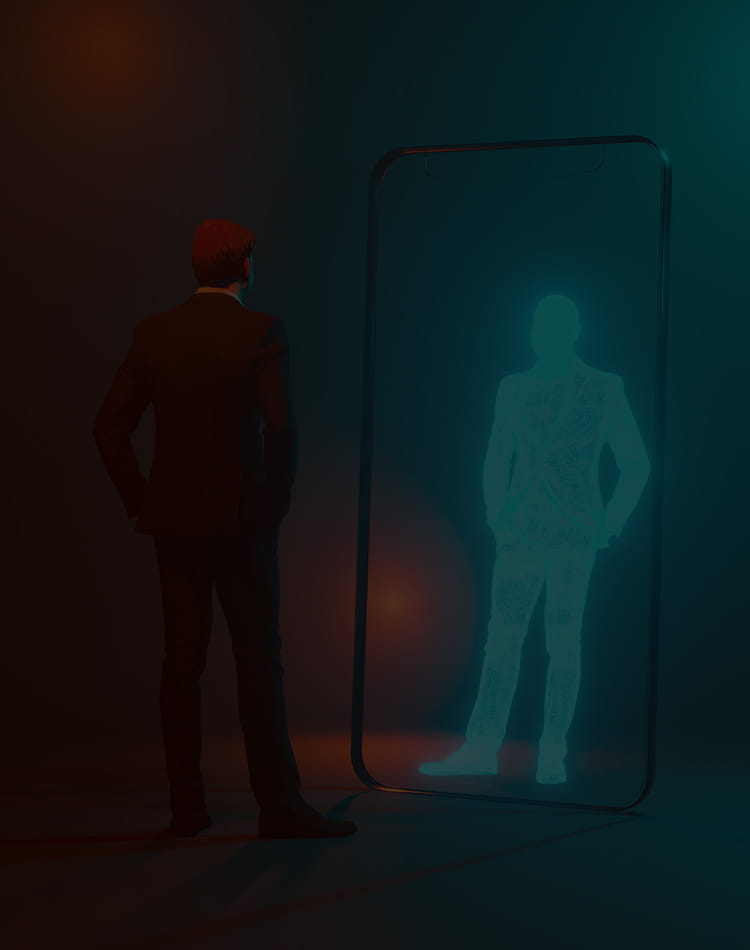 A man looking at digital version of himself in a mirror. 