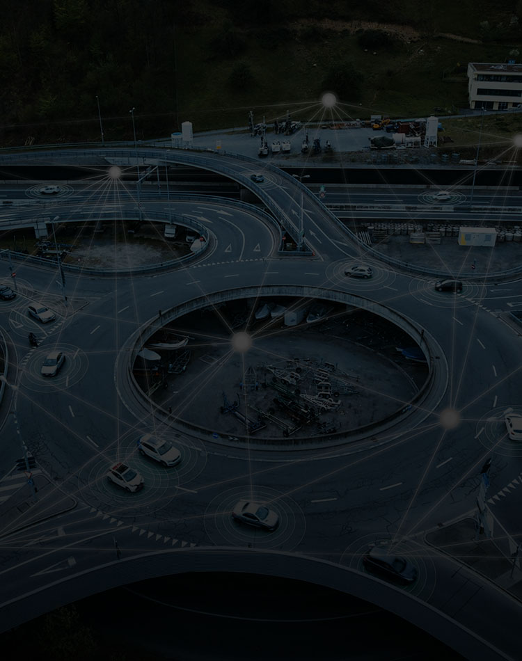 Cars driving in a roundabout connected by datapoints.