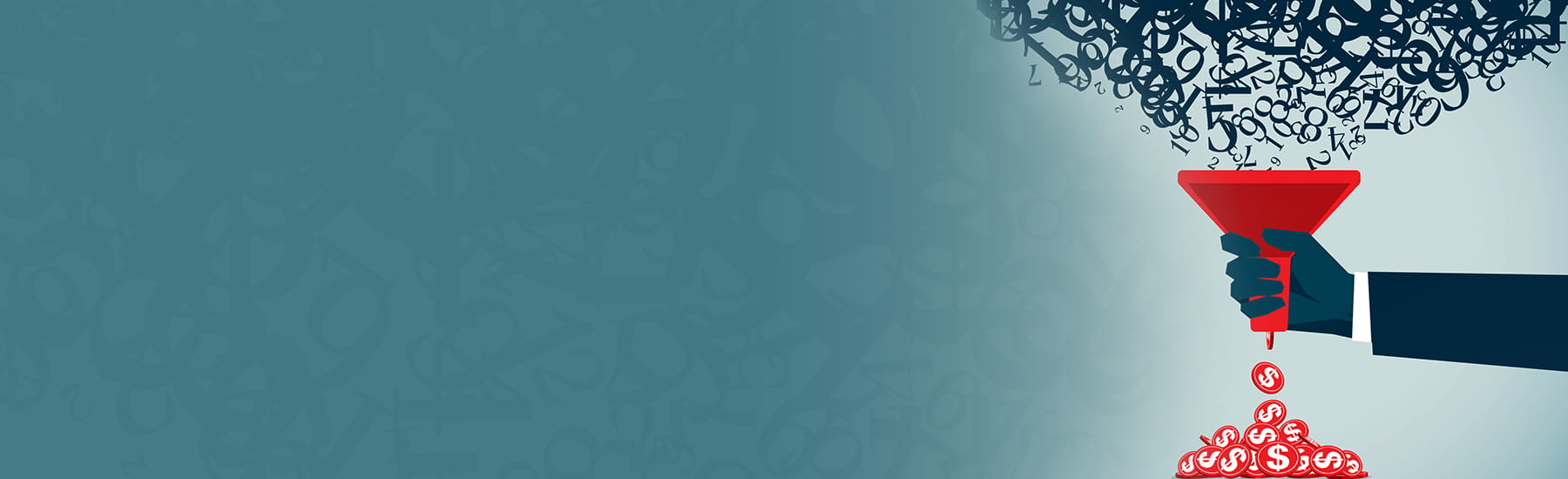 A person holding a funnel and data being put through it.