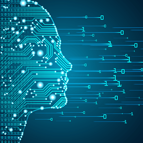 Face made out of data points and binary code, mobile hero.