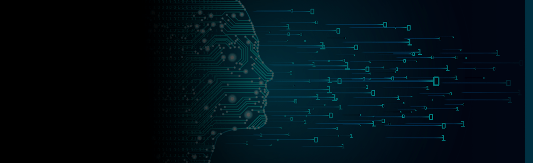 Face made out of data points and binary code, desktop hero.