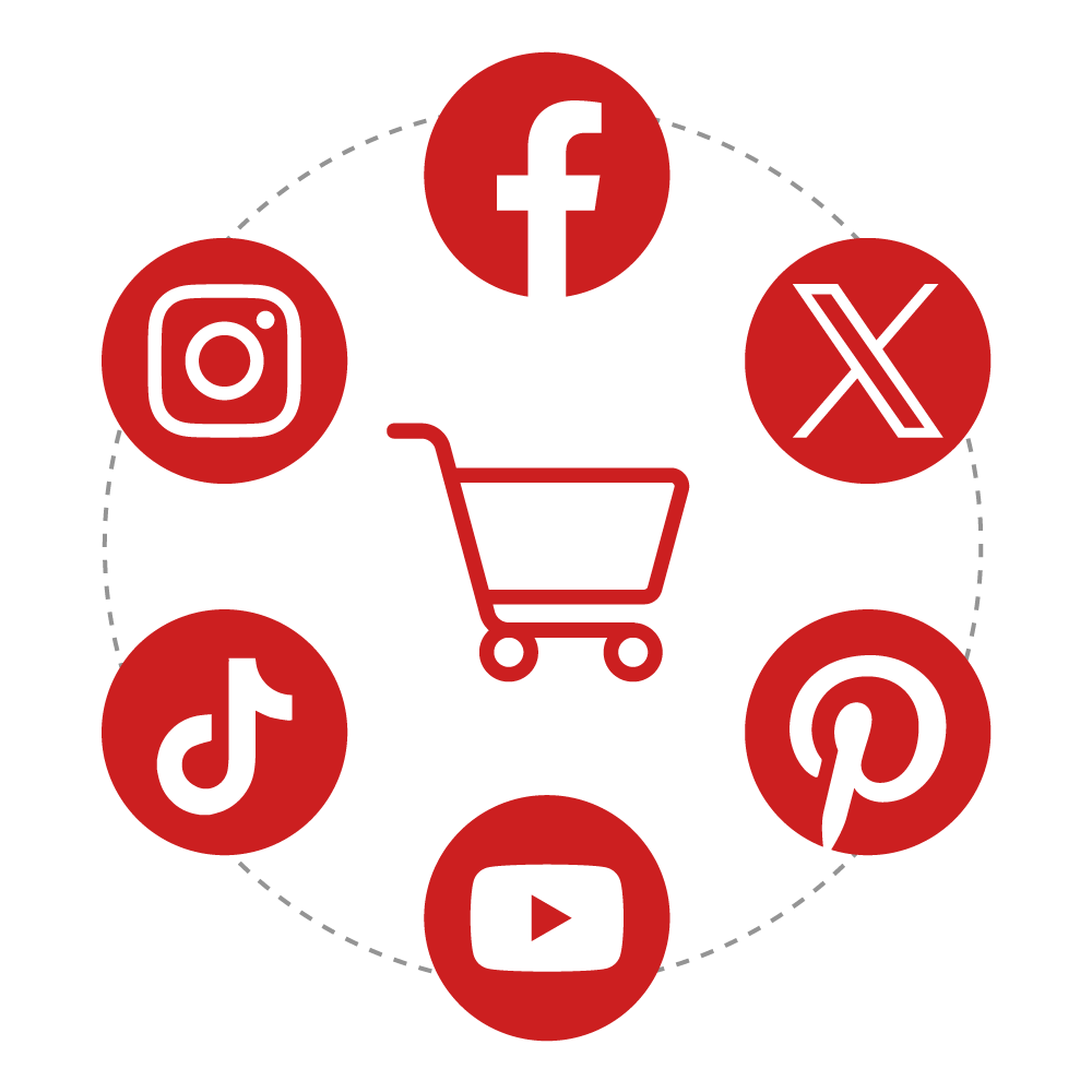 Shopping Cart surrounded by social media icons