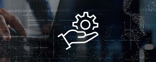 Long white icon, hand holding a gear on faded abstract background. 