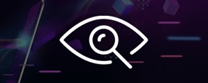 Long white icon, eye with a magnifying glass as the pupil on faded abstract background.