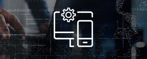 Long white icon, mobile phone and desktop with a gear on faded abstract background.