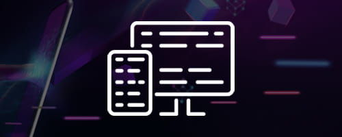 Long white icon, a mobile phone and desktop computer with lines of text on faded abstract background.