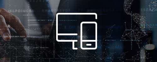 Long white icon, mobile phone and desktop on a faded abstract background.