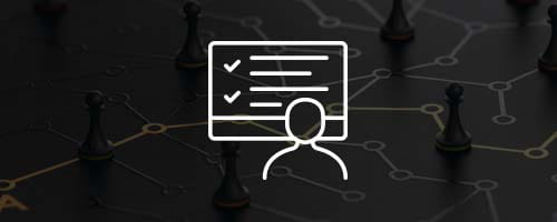 Long white icon, a person in front of a desktop with a checklist on it on faded abstract background.