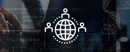 Long white icon, people connected aroud the globe on faded abstract background. 