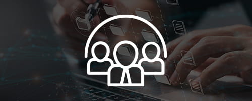 Long white icon, three people standing together under an archway on faded abstract background.