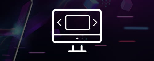 Long white icon, a desktop with a rectangle and arrows displayed on faded abstract background.