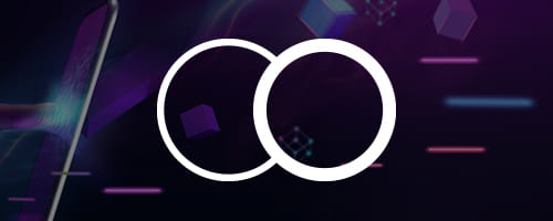 Long white icon, a very thick white circle overlapping with a thin white circle on faded abstract background. 