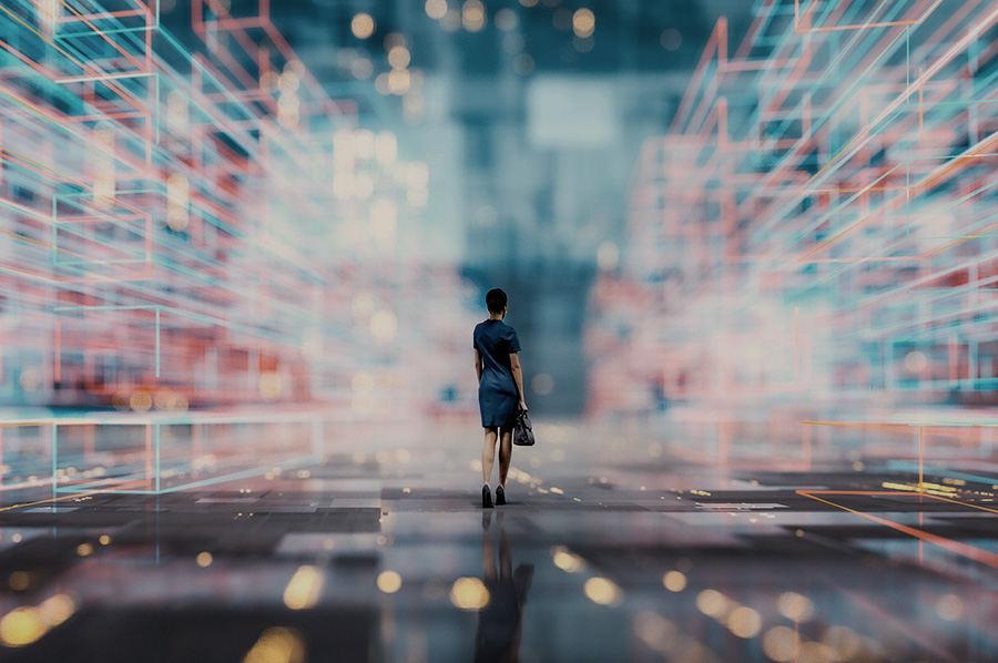 Woman walking through abstracted data points and grids.