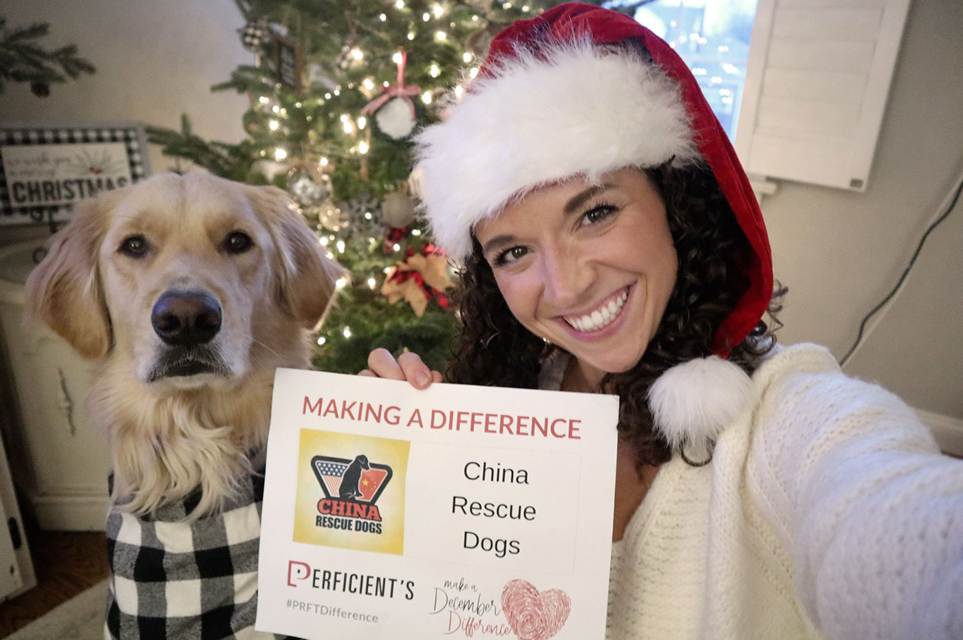 Colleague with her golden retriever dog holding a MADD sign for China Rescue Dogs.