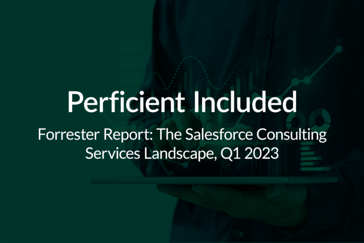 Perficient Included in Forrester Report: The Salesforce Consulting Services Landscape, 21 2023. Green background with man holding a tablet. 