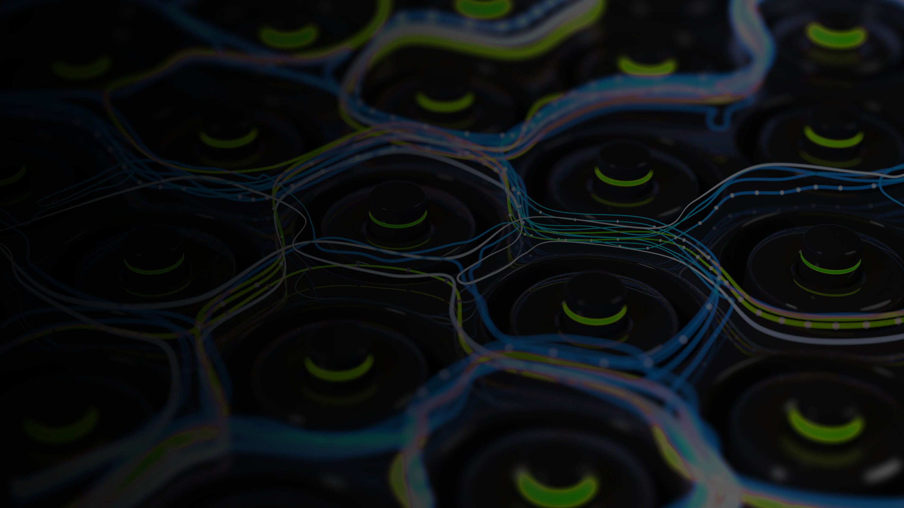 Abstract blue and yellow curvy circle shapes.