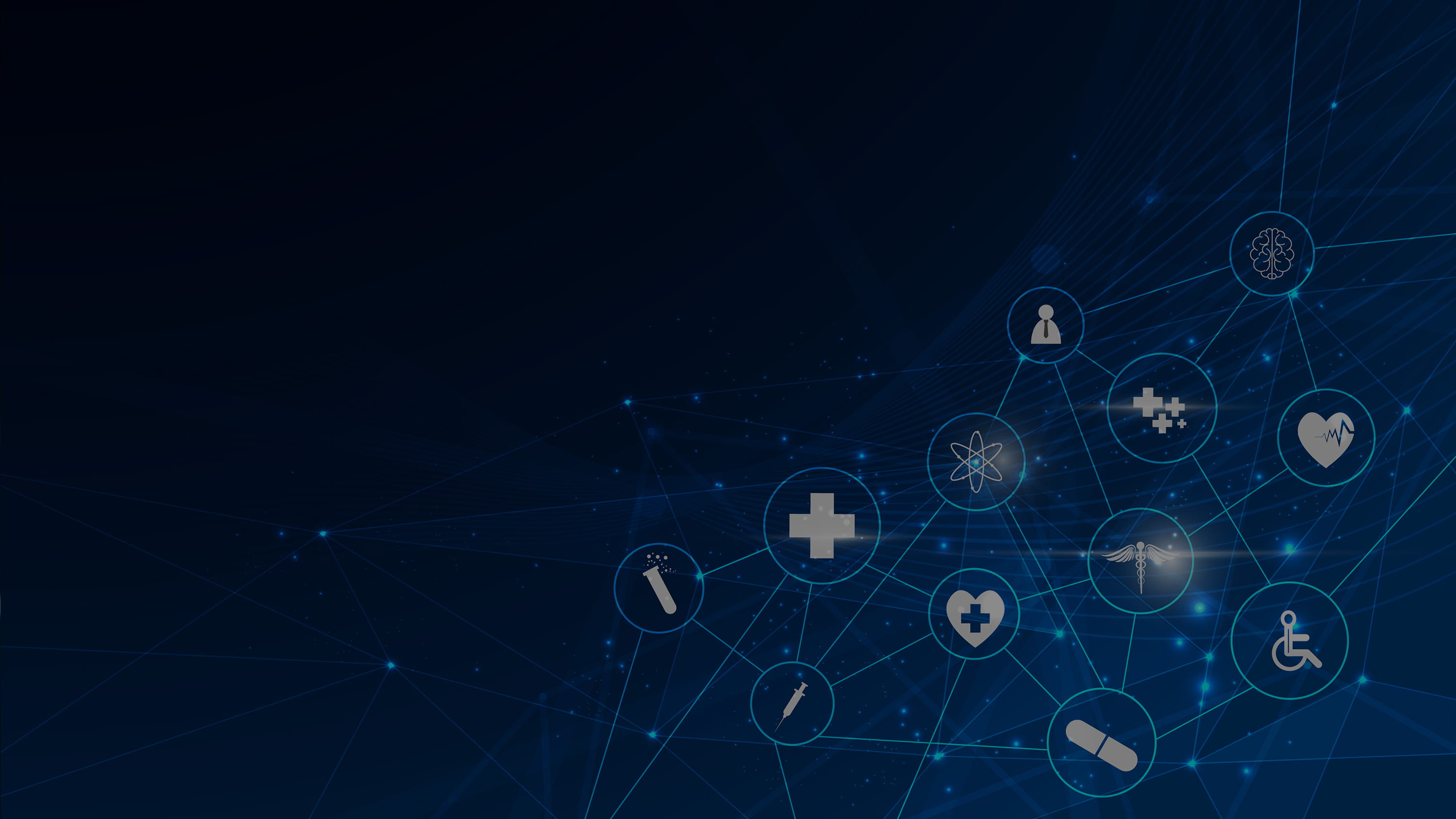 Various glowing healthcare symbols.