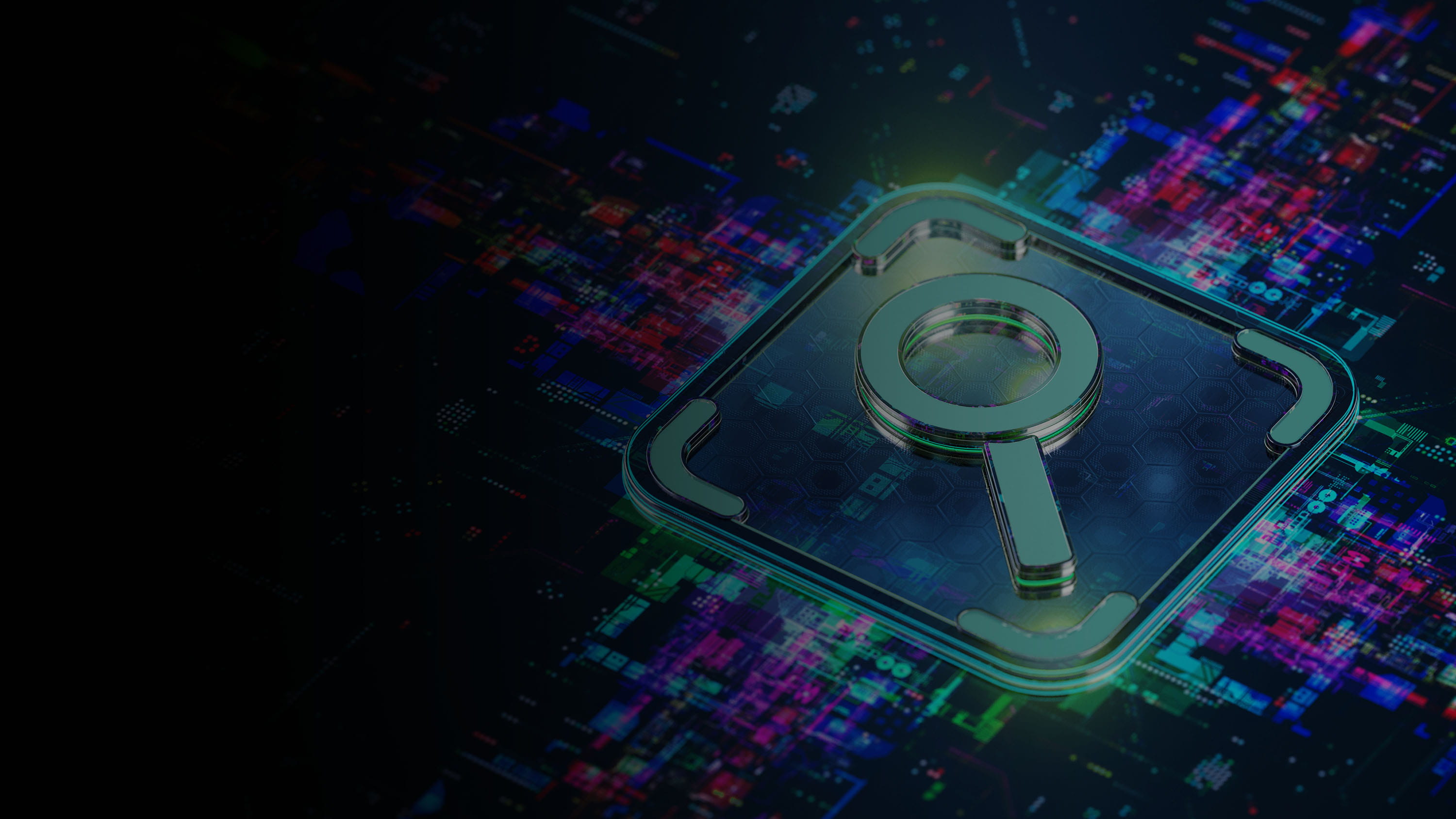 Abstract gradient hero with magnifying glass symbol.