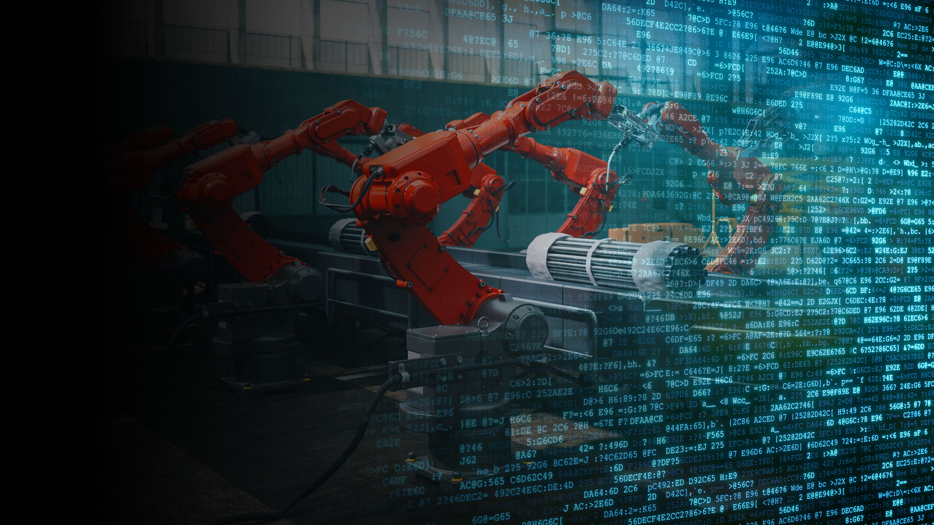 Robotic arms, semi conductors, lines of code. Abstracted supply chain imagery.