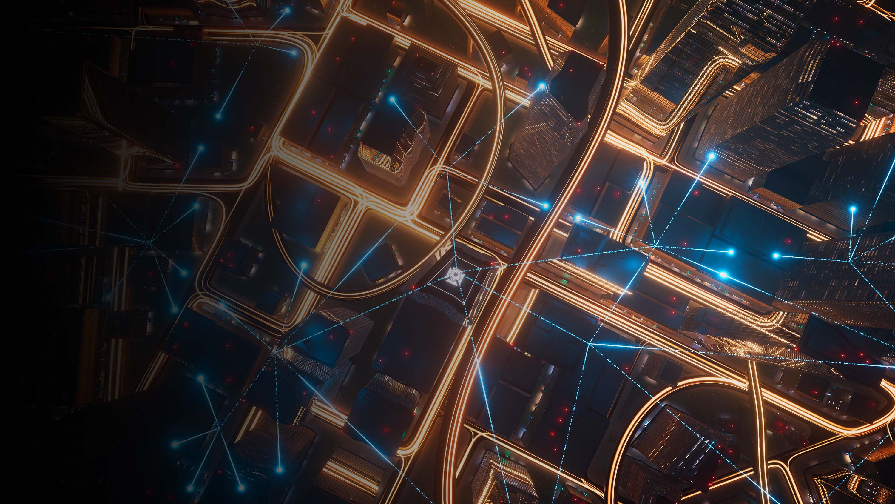 Cityscapes with glowing beams of light, connectivity concept.