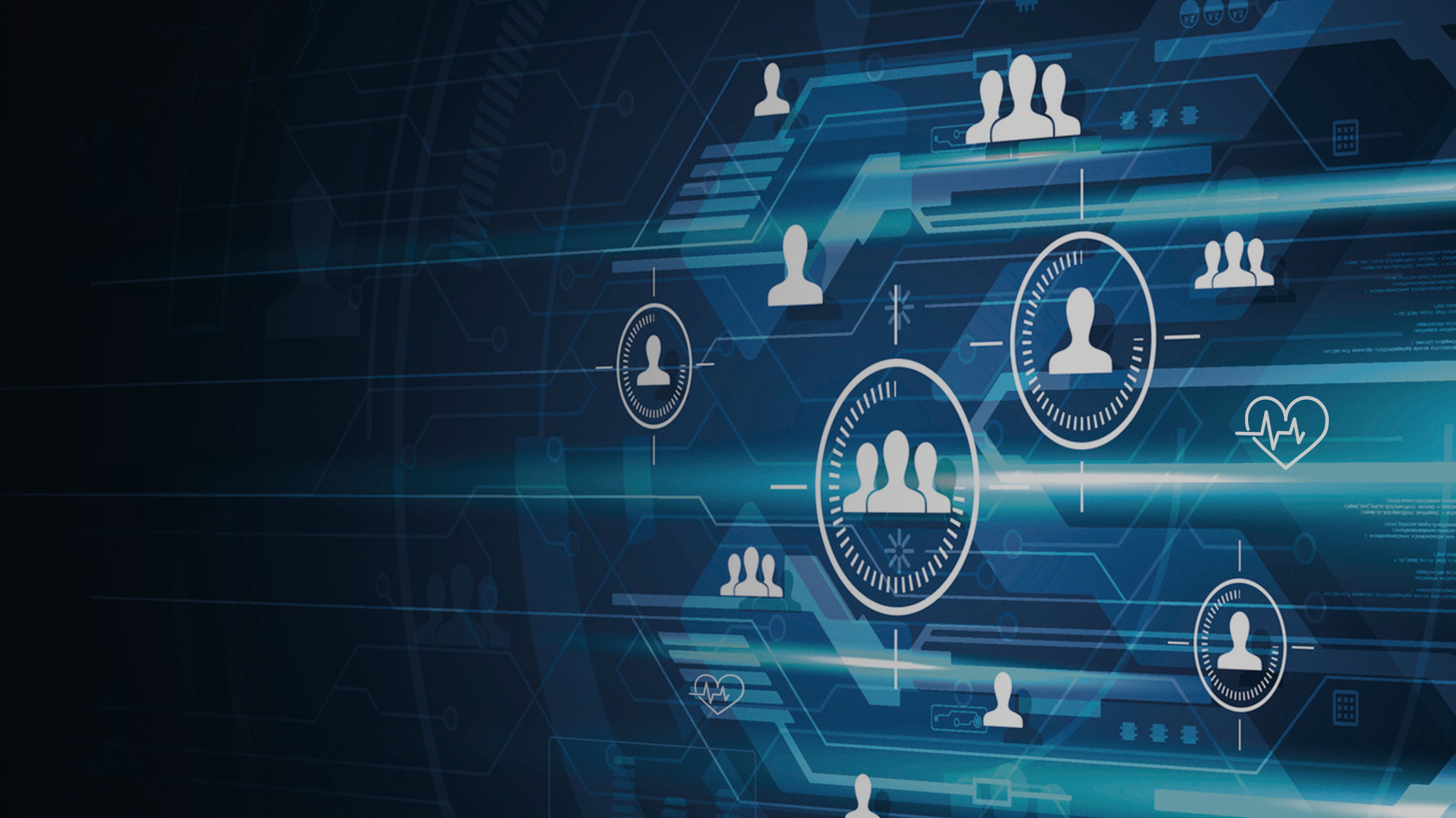 Digital concept art, digital icons representing connections, blue glowing lines.