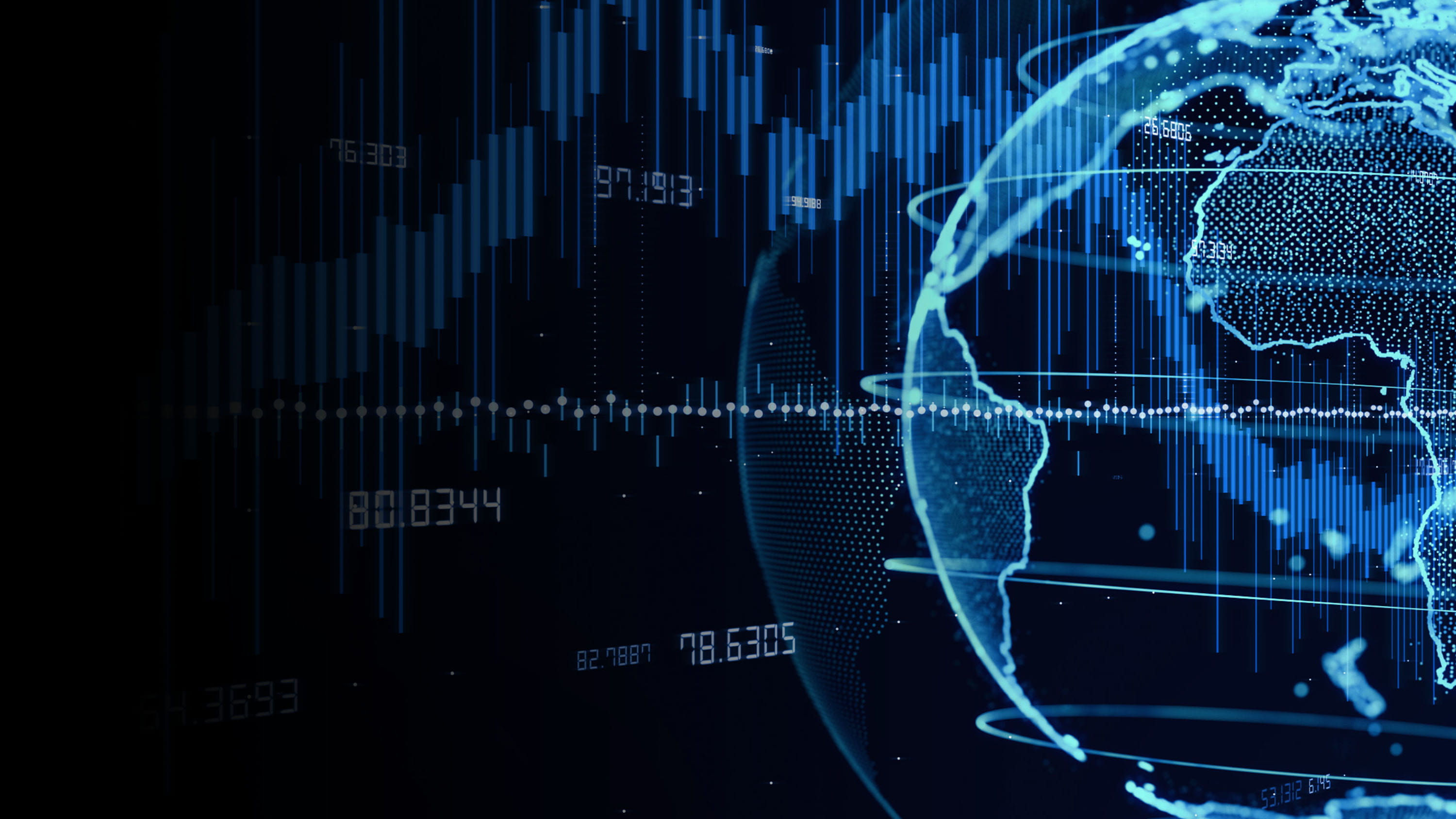 Blue globe with financial figures and graphs.