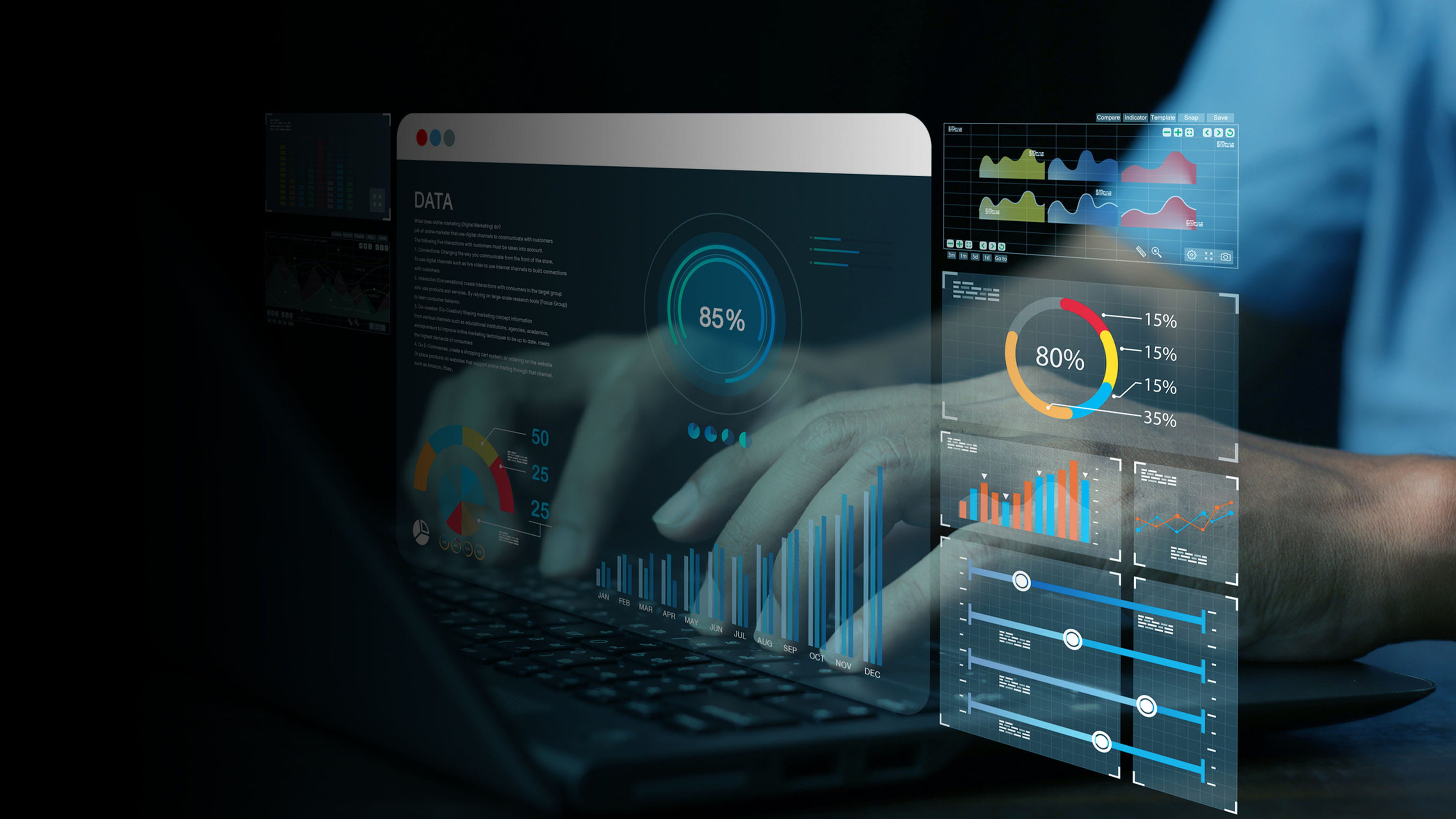 Data dashboards over a laptop.
